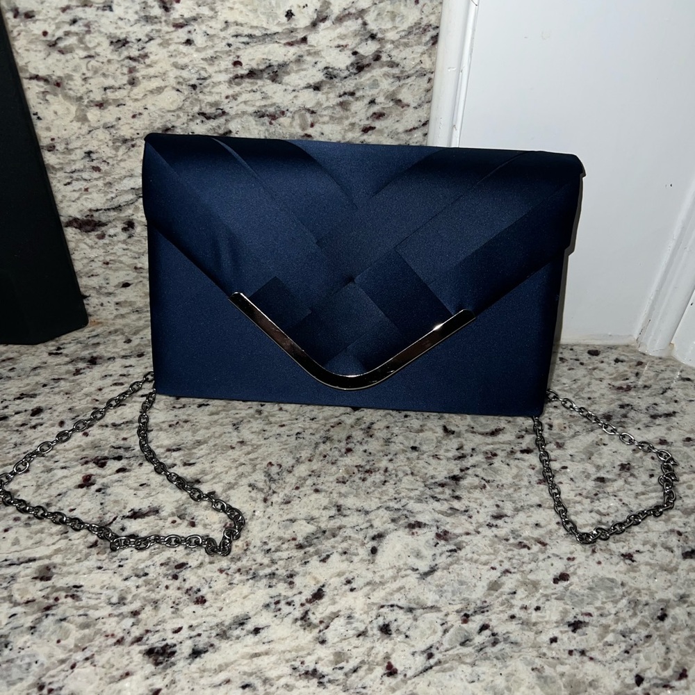 NWOT Satin Weaved Envelope Navy Clutch